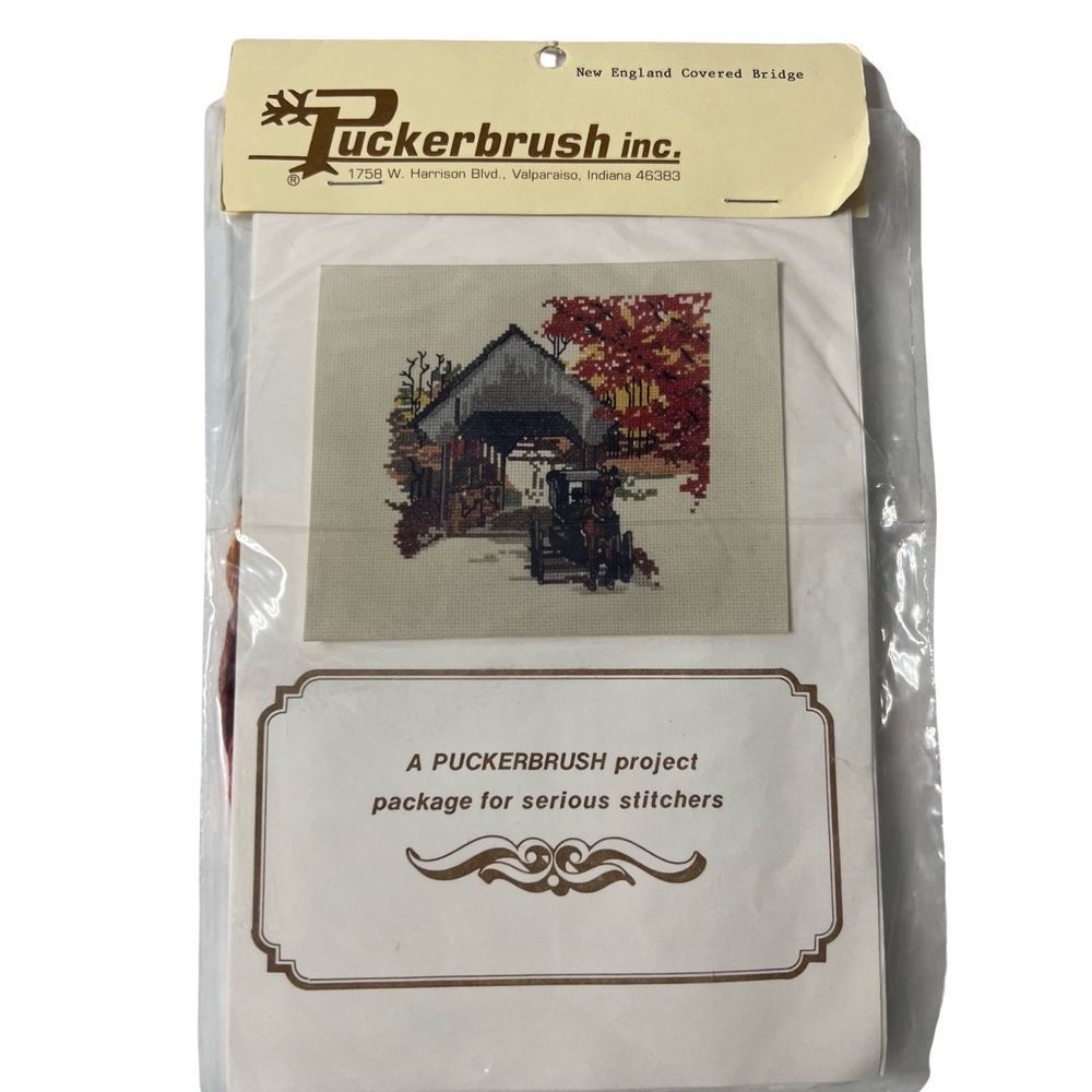 Vintage Puckerbrush Inc. New England Covered Bridge Cross Stitch Kit